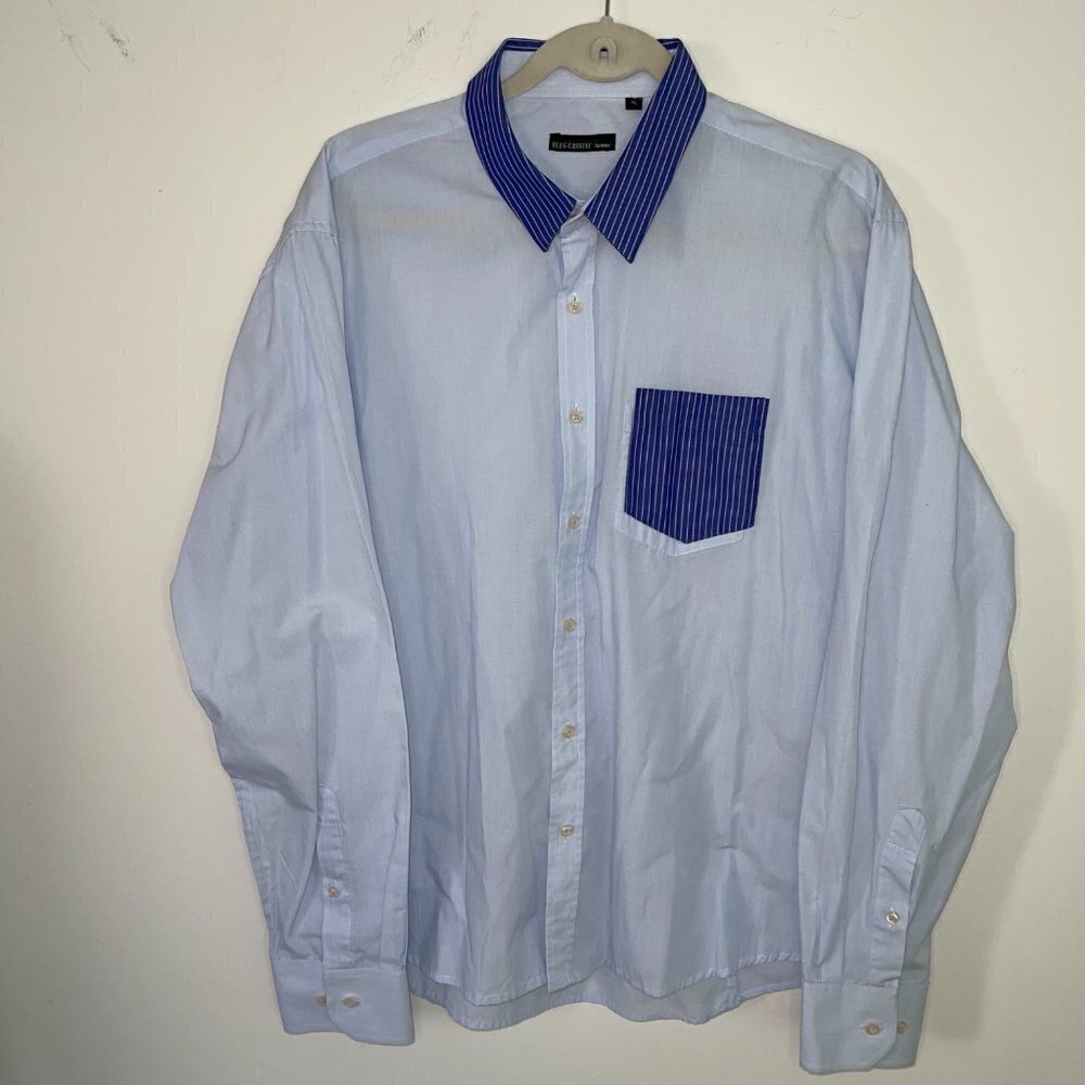 Oleg Cassini Skinny Shirt XL Mens Vintage Cotton Blue Pink Striped Pocket Collar - Picture 12 of 12